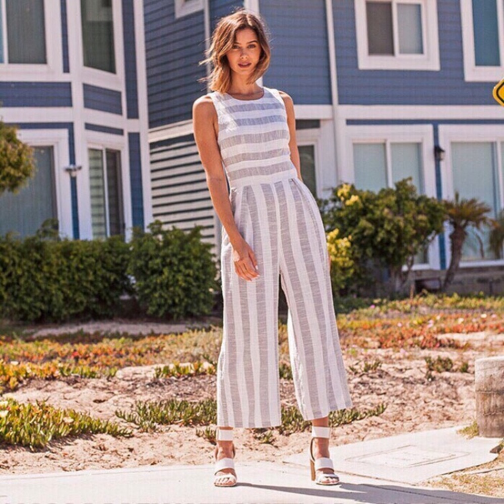 Sugarlips striped light grey and cream jumpsuit .
